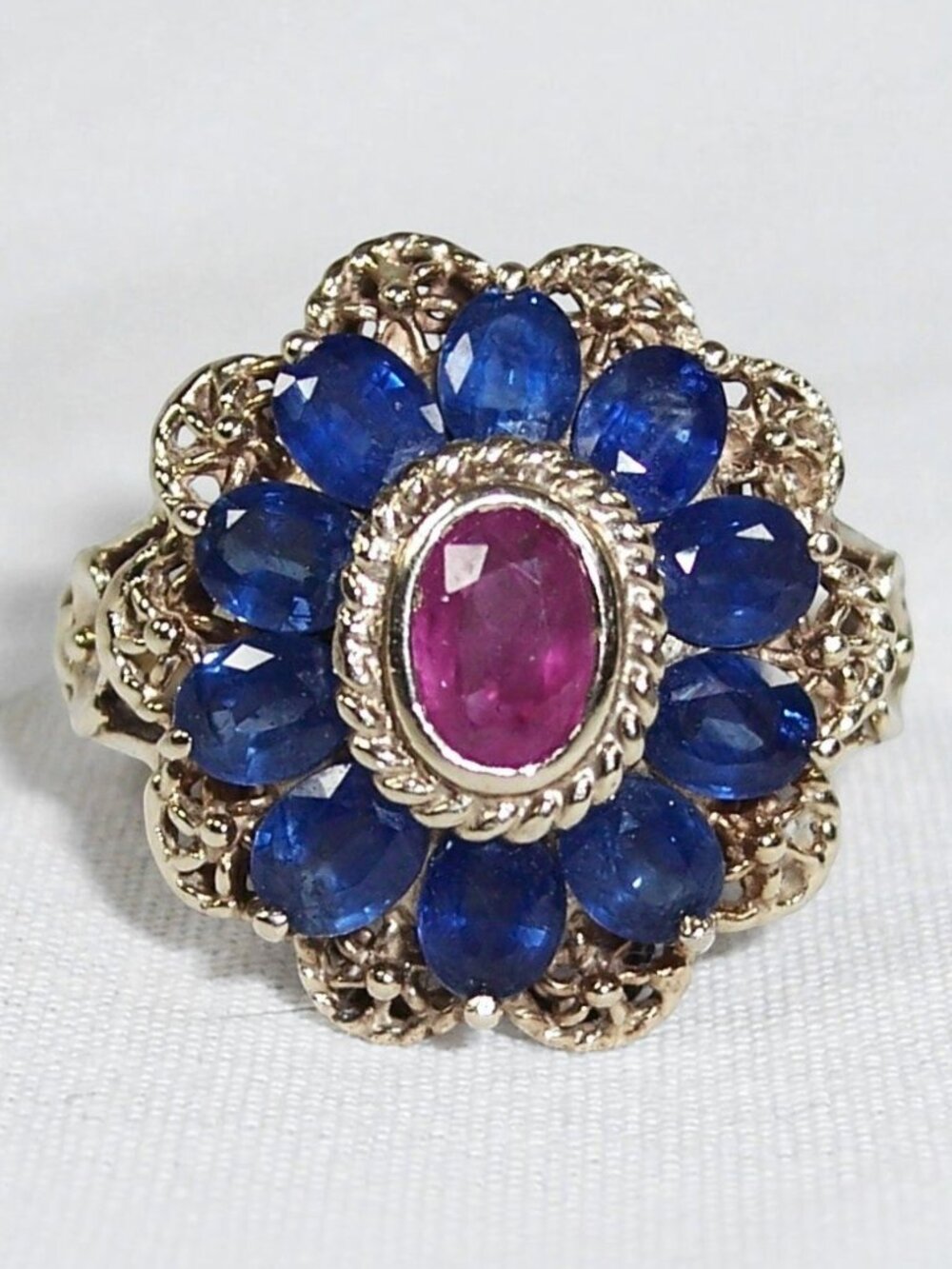 Vintage 10K Gold Flower Ring Sapphire & Ruby Filigree Design Marked NTF Size 7